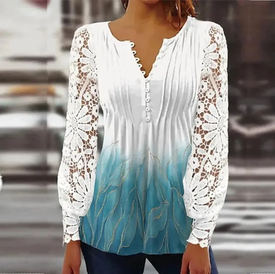 Elegant Loose Lace Shirt Woman Long sleeve Printed Woman Shirt Weekend Casual  Shirt Women