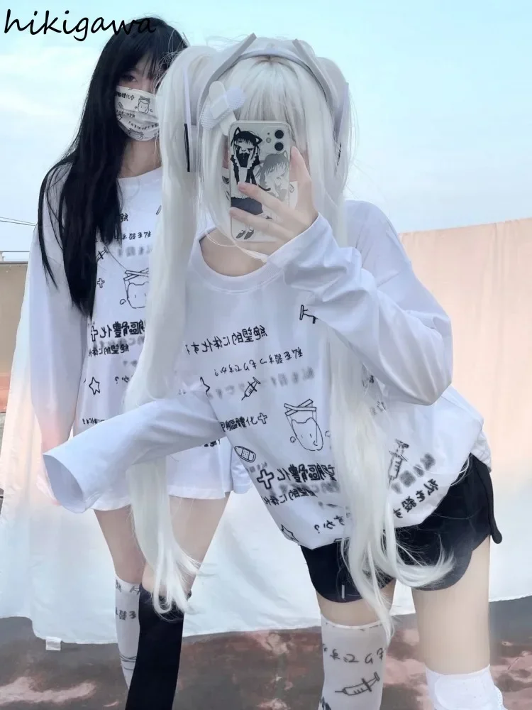 Camisetas japonesas para Mujer, Ropa de Mujer de gran tamaño, camisetas informales de manga larga, Ropa bonita con estampado de letras a la moda,