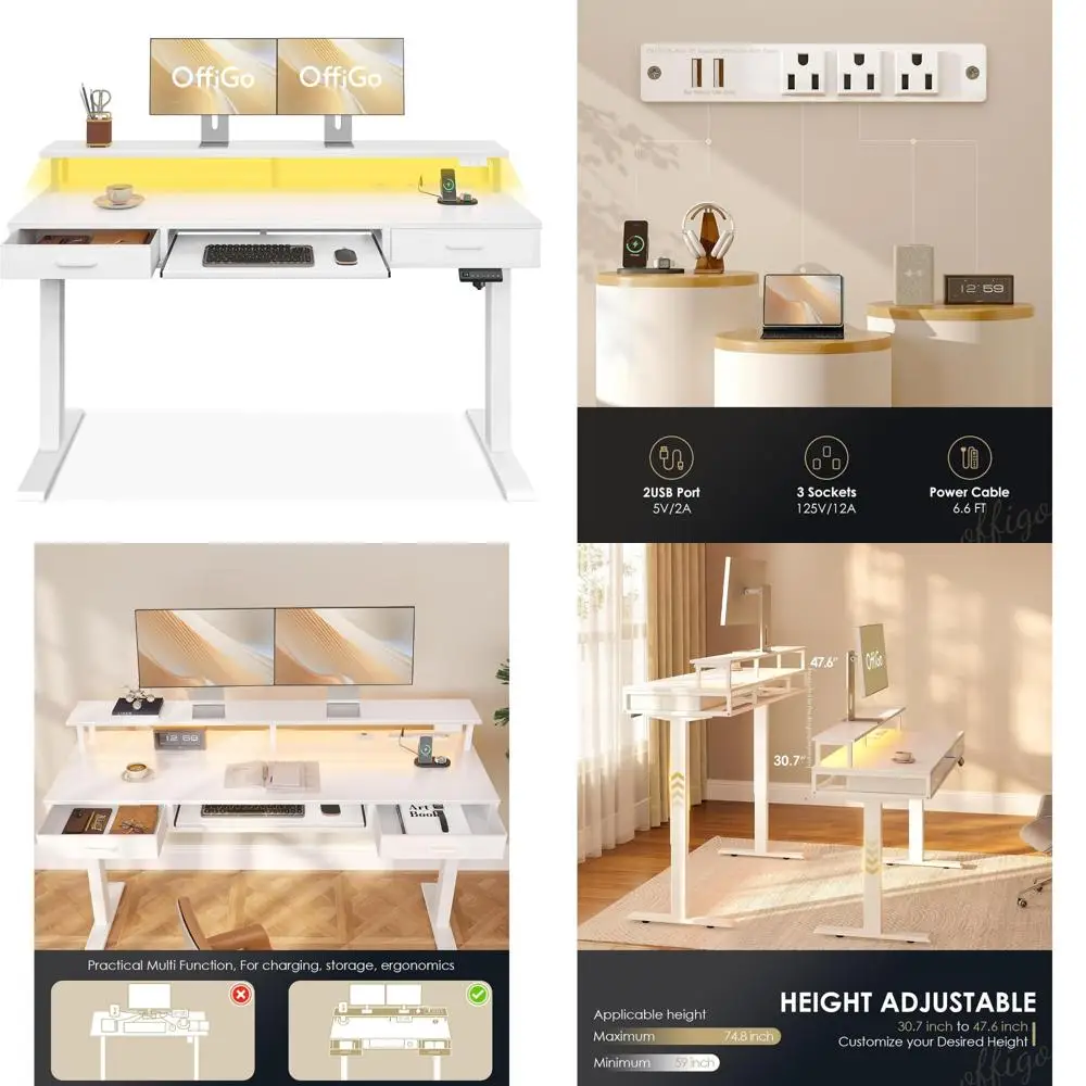 

Electric Height Adjustable Desk 63 Inch with Drawers, Keyboard Tray, Power Outlets, LED Lights for Sitting and Standing Workstat