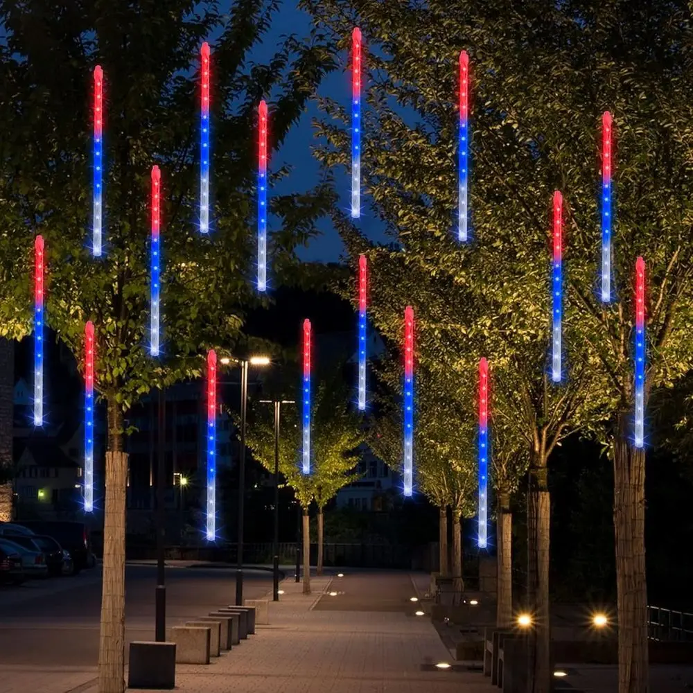 

12-Inch Waterproof LED Meteor Shower Lights - Red, Blue & White for 4th of July and Outdoor Celebrations