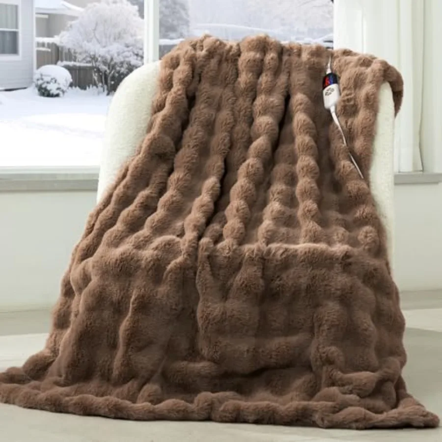 

Faux Fur Heated Blanket Throw Camel - Luxury Fluffy Rabbit Bubble Electric Blanket with 6 Heating Levels 4 Time Settings Ideal