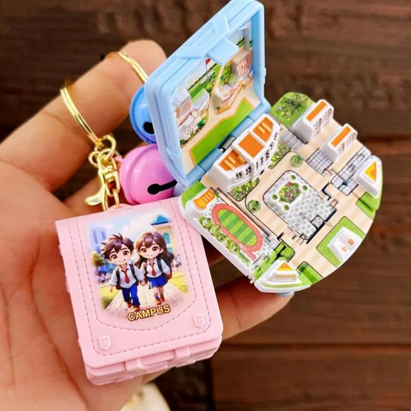 3D Folding Keychains School-Theme Miniature Keyring Folding Popup Book Small School Toys Key Chain For All Ages Friends Family