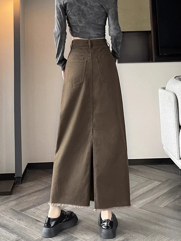 

Джинсовая юбка кофейного цвета для женщин, весна-лето, с высокой талией, с бахромой, А-силуэт, средней длины, для повседневной носки