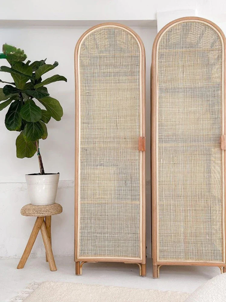 Simple Rattan Wardrobe Household Real Rattan Storage Cabinet Bedroom Locker Retro Single Door Wardrobe