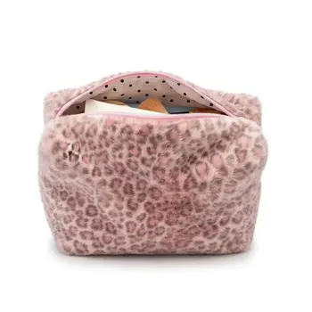 Durable Fuzzy Makeup Bag Large Capacity Leopard Print Toiletry Organizer Portable…