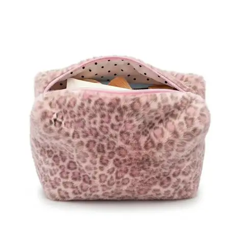 Durable Fuzzy Makeup Bag Large Capacity Leopard Print Toiletry Organizer Portable Cosmetic Bag Girls Travel Storage Pouch