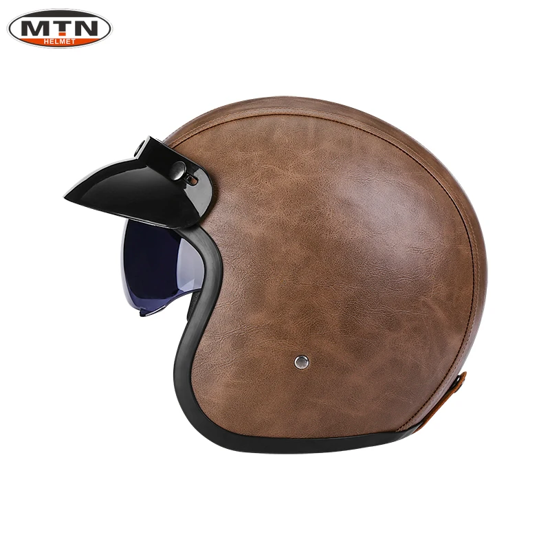 

MTN Brown Leather Fabrics Open Face Motorcycle Helmet Casco Moto Leather Classic Vintage Helmets Can Pick Bubble Mask