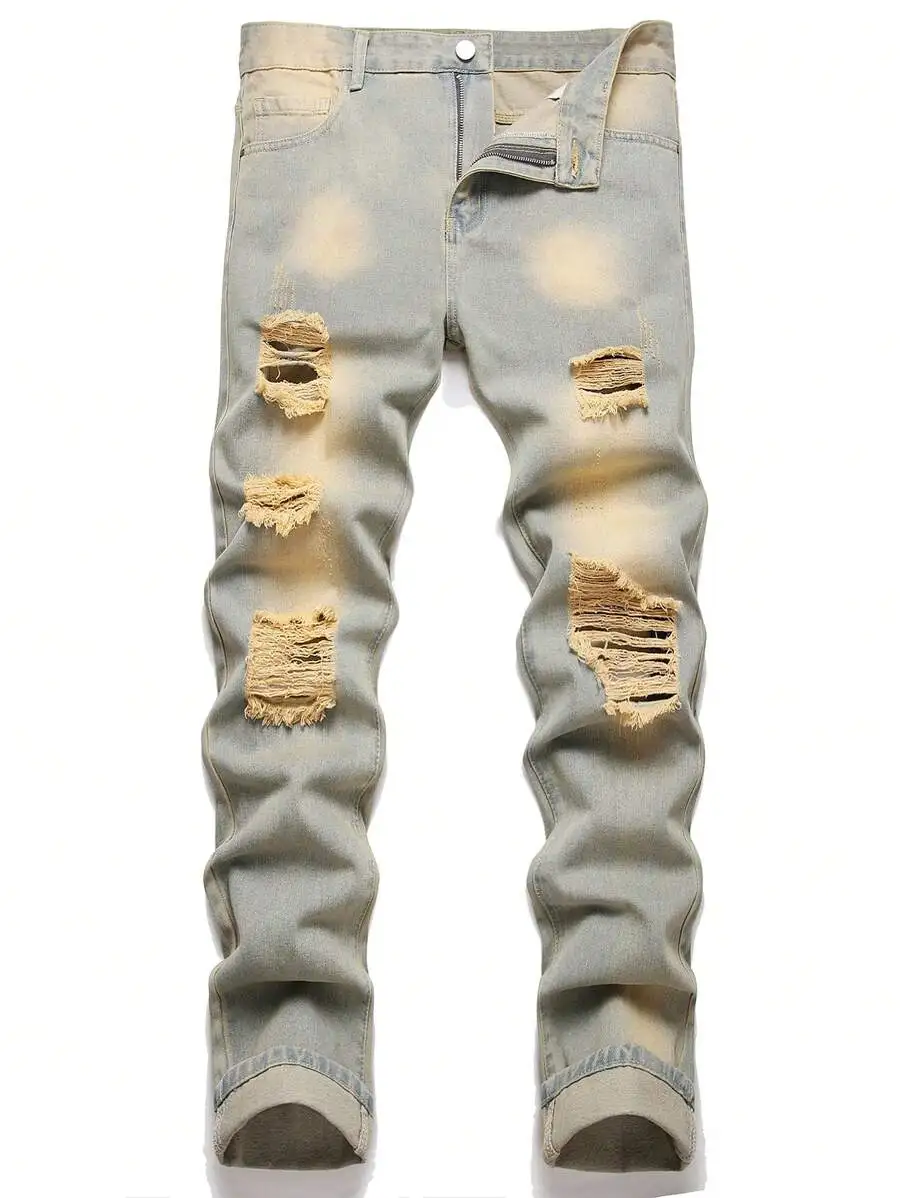 

Mens Faded Light Wash Ripped Denim Jeans With Frayed Holes
