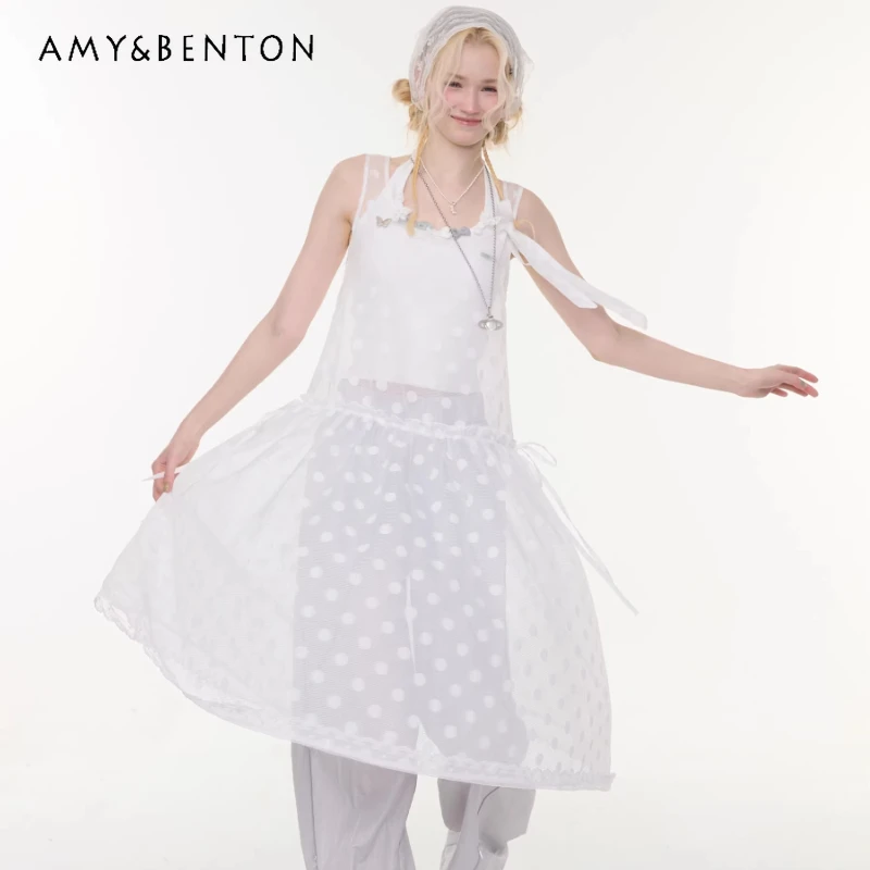 

2026 Summer New White Polka Dot Mesh Women's Dress French Design Loose Slimming Temperament Age Reduction Sling Dresses Ladies