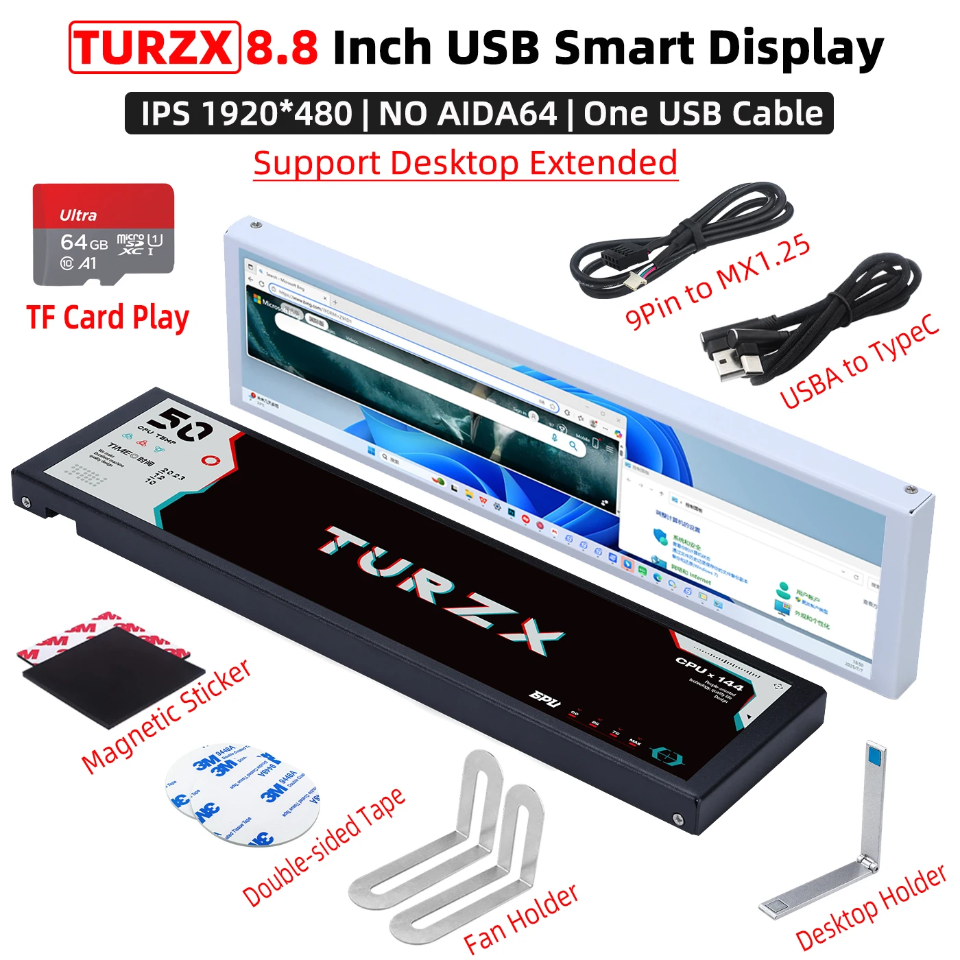 TURZX 8.8 Inch USB Secondary Screen USBC Desktop Extended Display TF Card Play 1920*480 IPS LCD CPU RAM GPU HDD Info Monitor