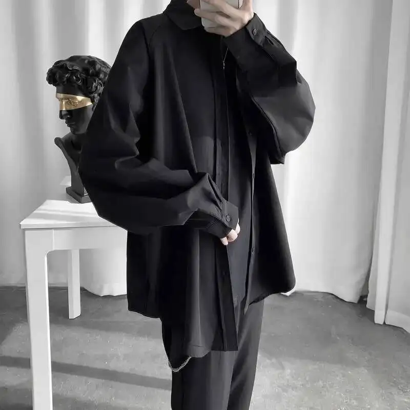 

Мужская черно-белая рубашка с длинным рукавом, модный, устойчивый к морщинам, не железный, свободный, сказочный, как стиль, крутой минималистичный топ