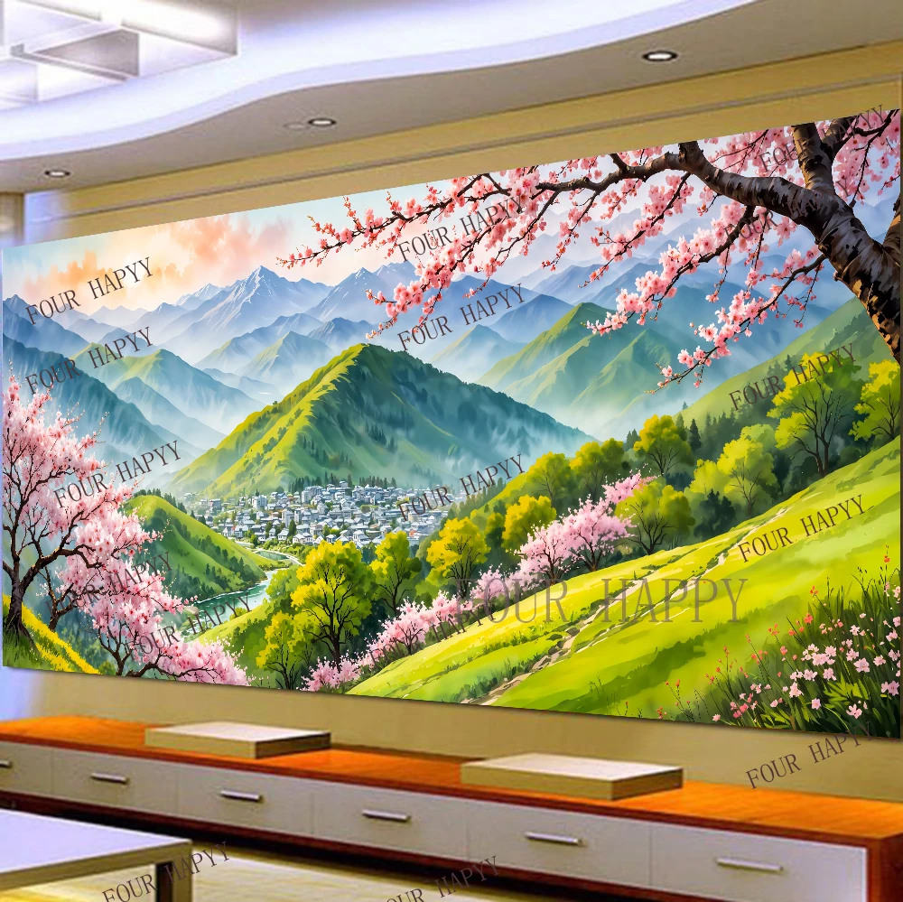 5D DIY Large Diamond Painting Cross Colorful Mountains Cherry Landscape Wall Art, Full Round Drill, Embroidery Home Decor