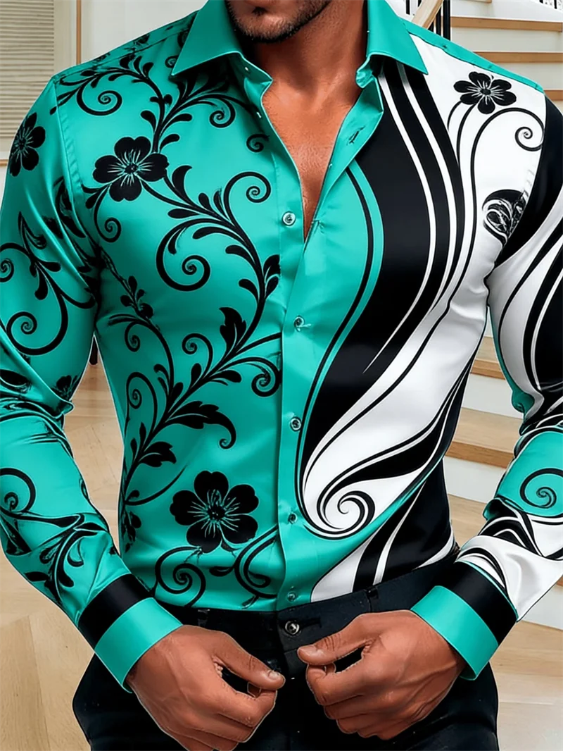 Men's Shirt Satin Gradient Tropical Leaf Geometric Stripe Print Long Sleeve Button‑Down Top Party Holiday Mens Clothing