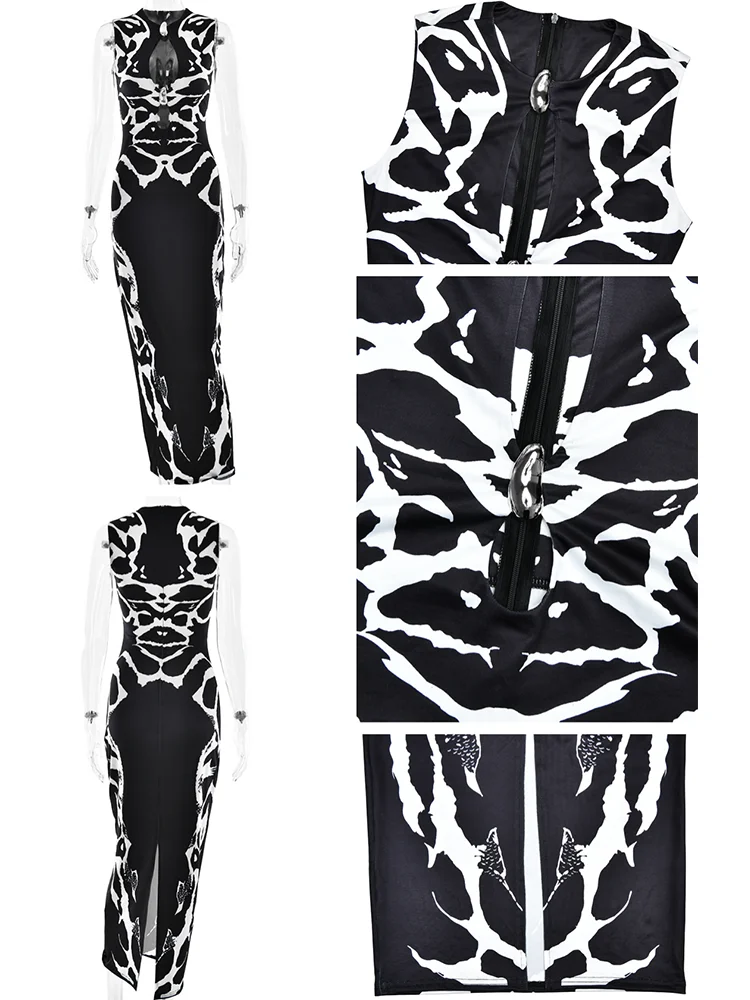 Absobe Snake Print Hollow Out Metals Maxi Dress Women's Sexy Fashion Crew Neck Sleeveless Bodycon Long Dress Club Partywear