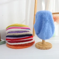 AutumnWinter New Fashionable Candy Color Warm Knitted Beret Hat Rabbit Fur Solid Color Versatile Winter Bud Hat Women Beret Hat