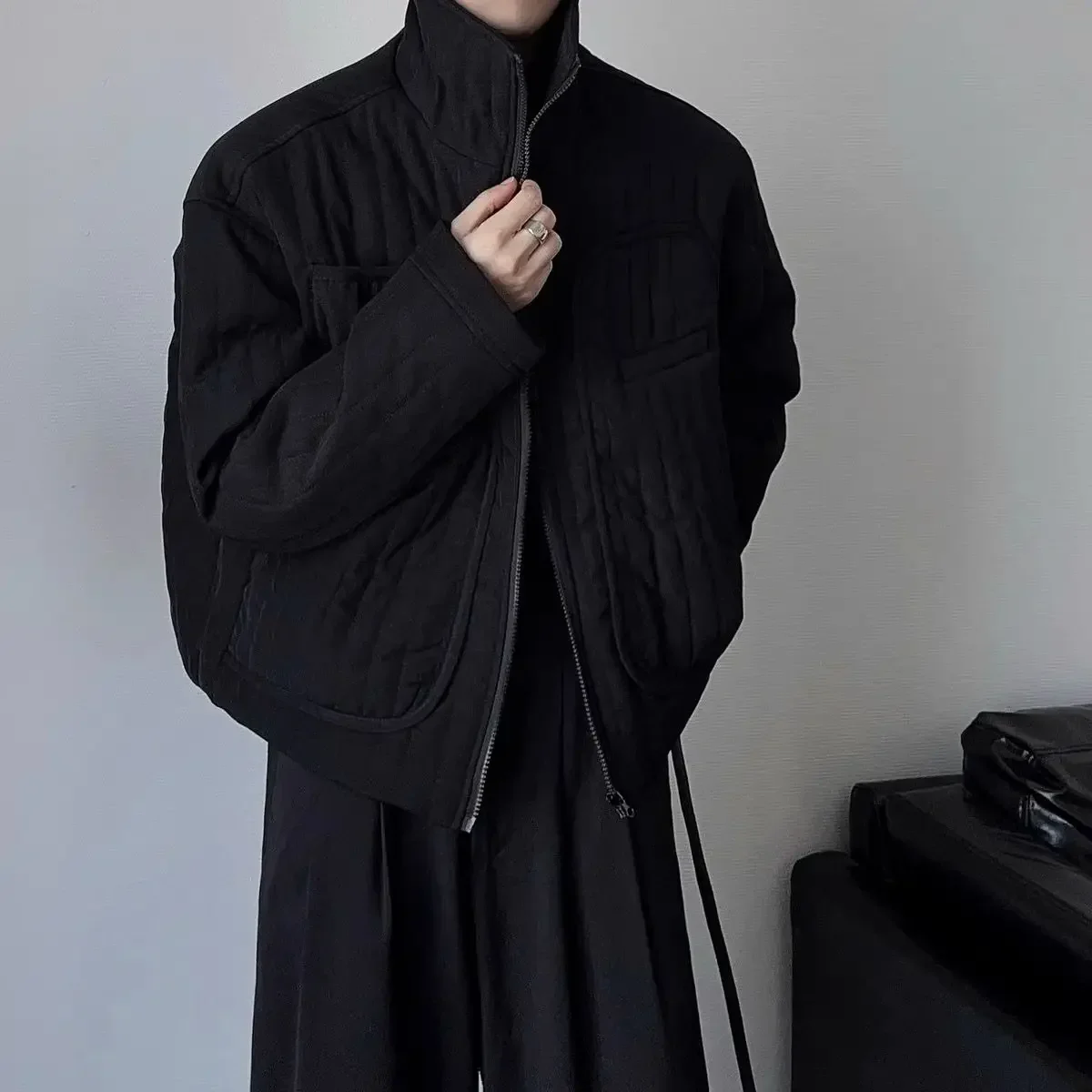 Dark Minimalist Short Cotton Padded Jacket Japanese Winter Men Niche Loose Stand Collar Parkas Yamamoto Light Thin Haughty Coats