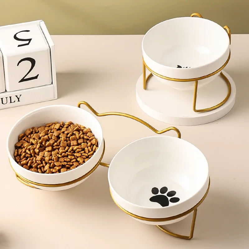 Poursweet Pet Cat Bowl Ceramic Water Feeder Food Feeding Dish Dispenser With Raised Stand and Mat Kitten Puppy Metal Elevated