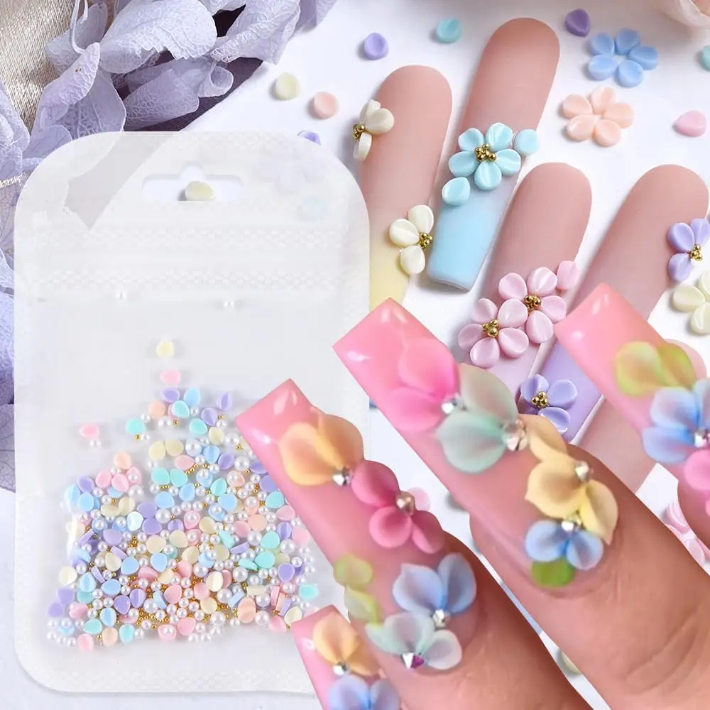 150pcs Macaron 3D Nail Art Charm Acrylic Petals Mixed with White Silvery Beads & Golden Beads Nail Decor for DIY Valentine's Day
