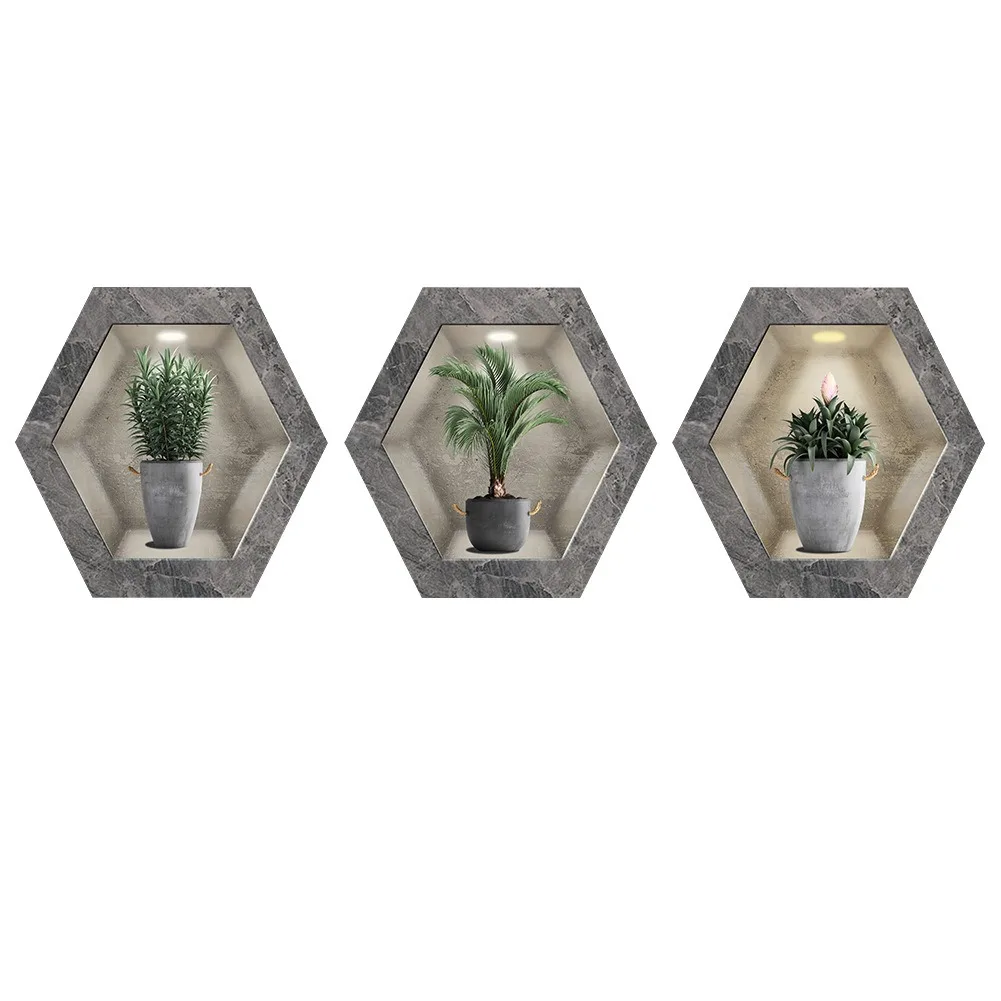 Tropical Green Plants Potted Hexagonal Photo Frame Wall Stickers For Decorating Living Rooms