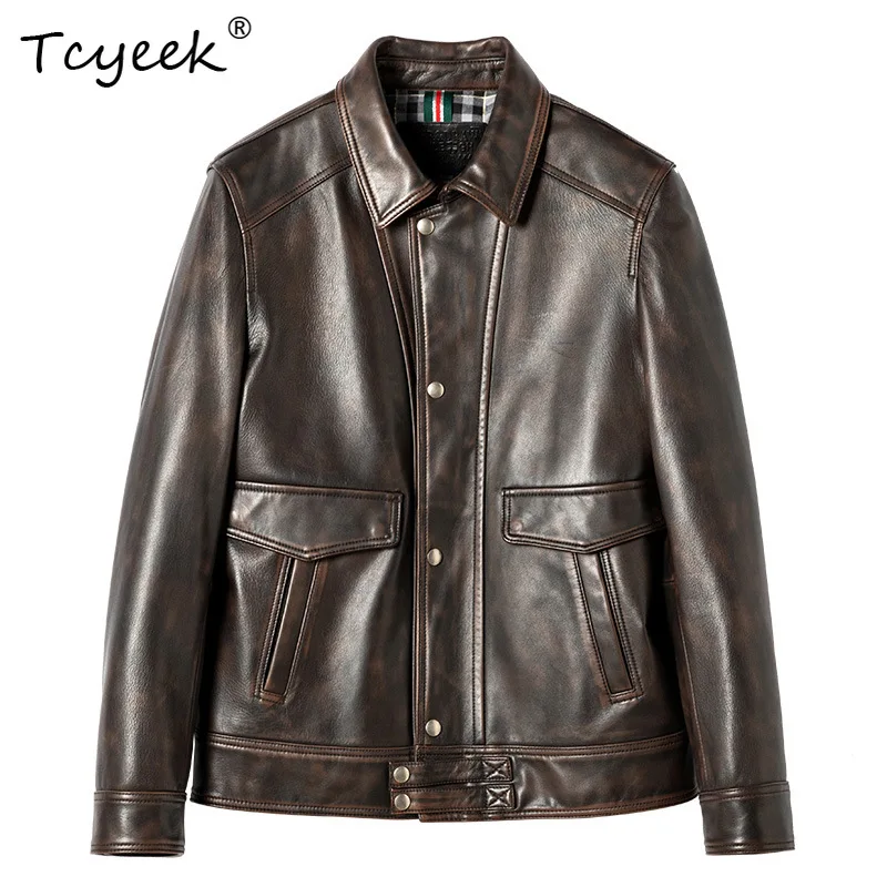 

Tcyeek Top Layer Goatskin Spring Autumn Trendy Lapel Vintage Brown Men Genuine Leather Jacket Jaqueta De Couro Masculina 가죽자켓