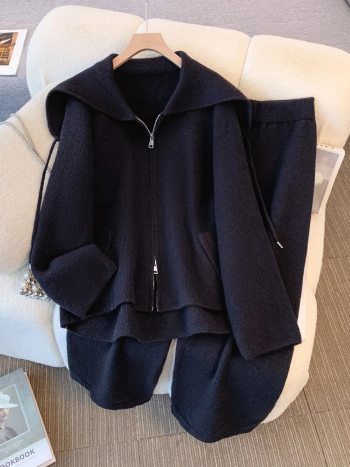 plus Size Knitted Casual Outfit for Women Spring Autumn Slimming Effect Navy Collar Sweater Jacket And Long Pants Two Piece Set
