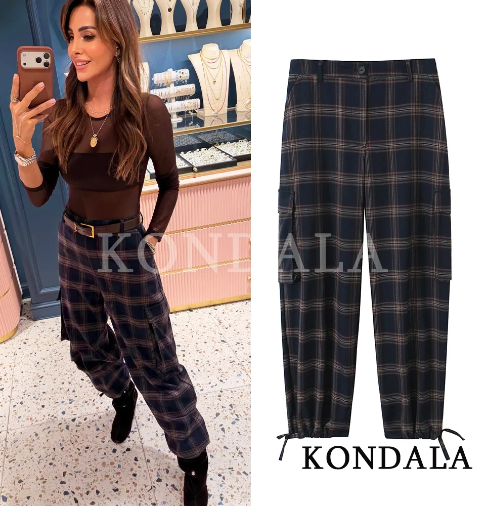 KONDALA Trendy Casual Plaid Cargo Pants Women Elegant High Street Pockets Overalls Pants 2026 Spring Chic Vintage Commute Pants