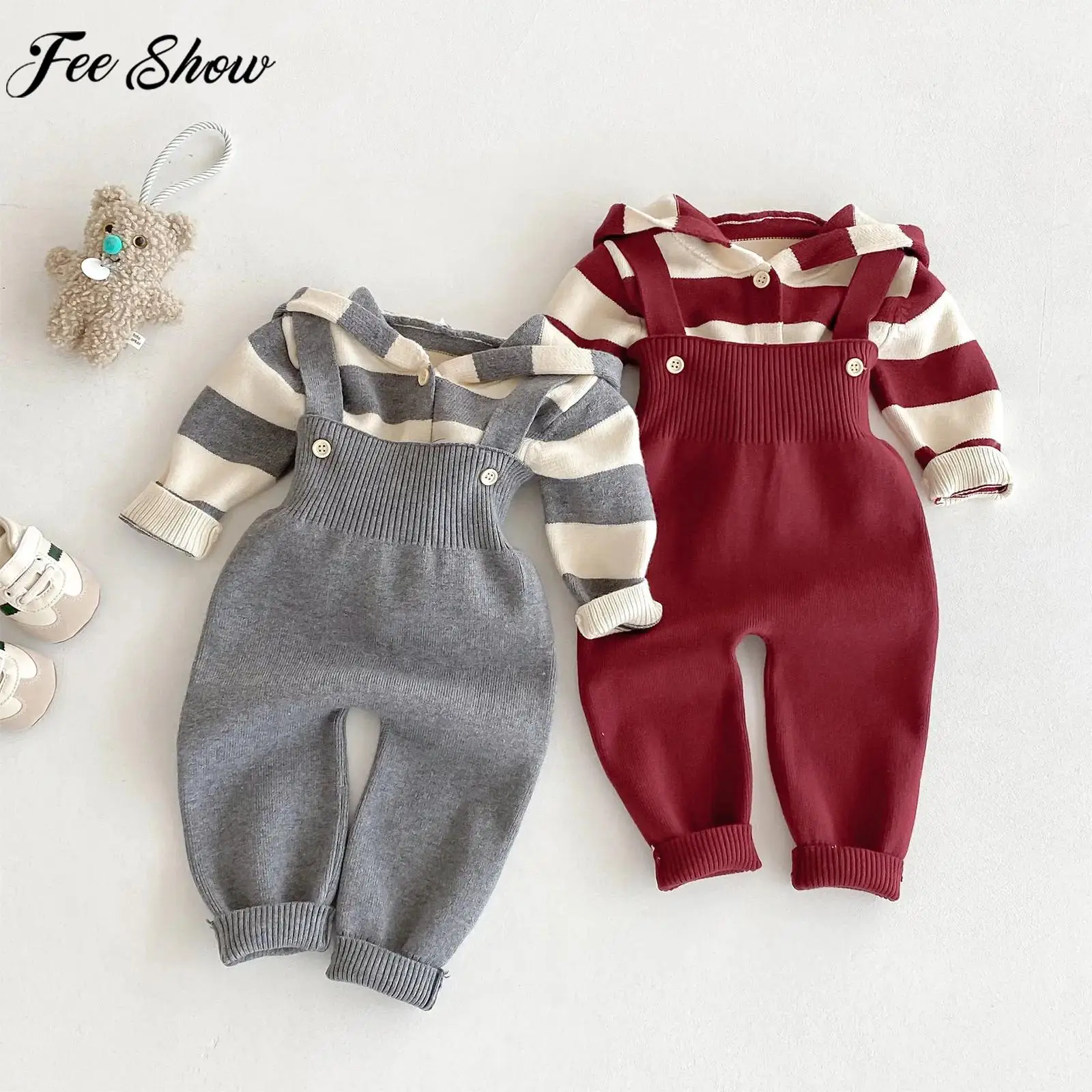 

Toddler Baby Knitted Sweater Set Long Sleeve Hooded Cardigan Knitwear with Overalls Spring Autumn Casual Daily Wear Loungewear