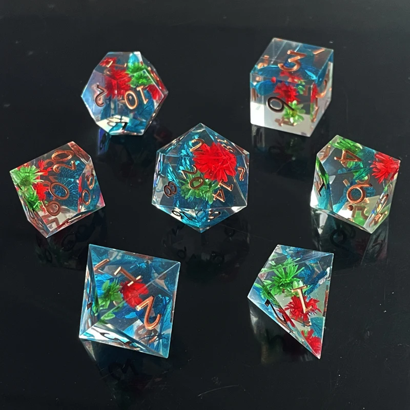 7Pcs Resin material dice Dried flower series Polyhedral multi-color digital decorative game Party board game Entertainment dice