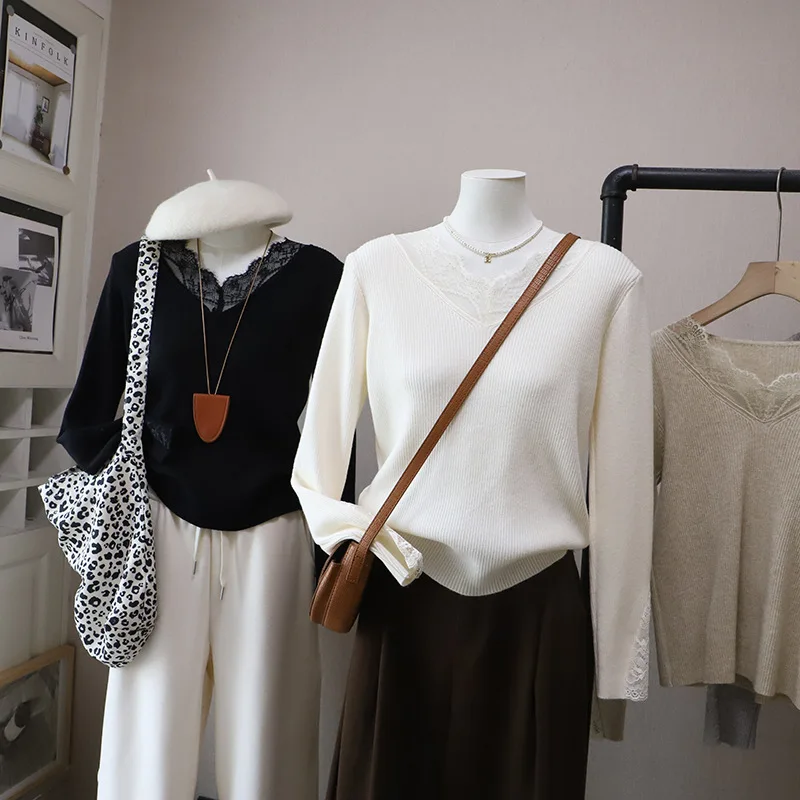 Winter Knitted Lace Top Women's Base Layer V-Ne Splicing Slimming Oats Color Warm Gentle Sle Faionable Innerwear