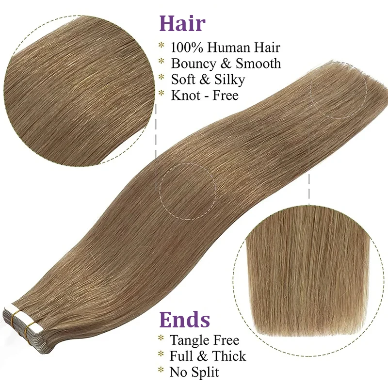 Silky Straight extensões de cabelo para as mulheres, cabelo sem costura, 100% cabelo humano real, fita em cinza cor marrom, 20 PCs, 40 PCs, #8