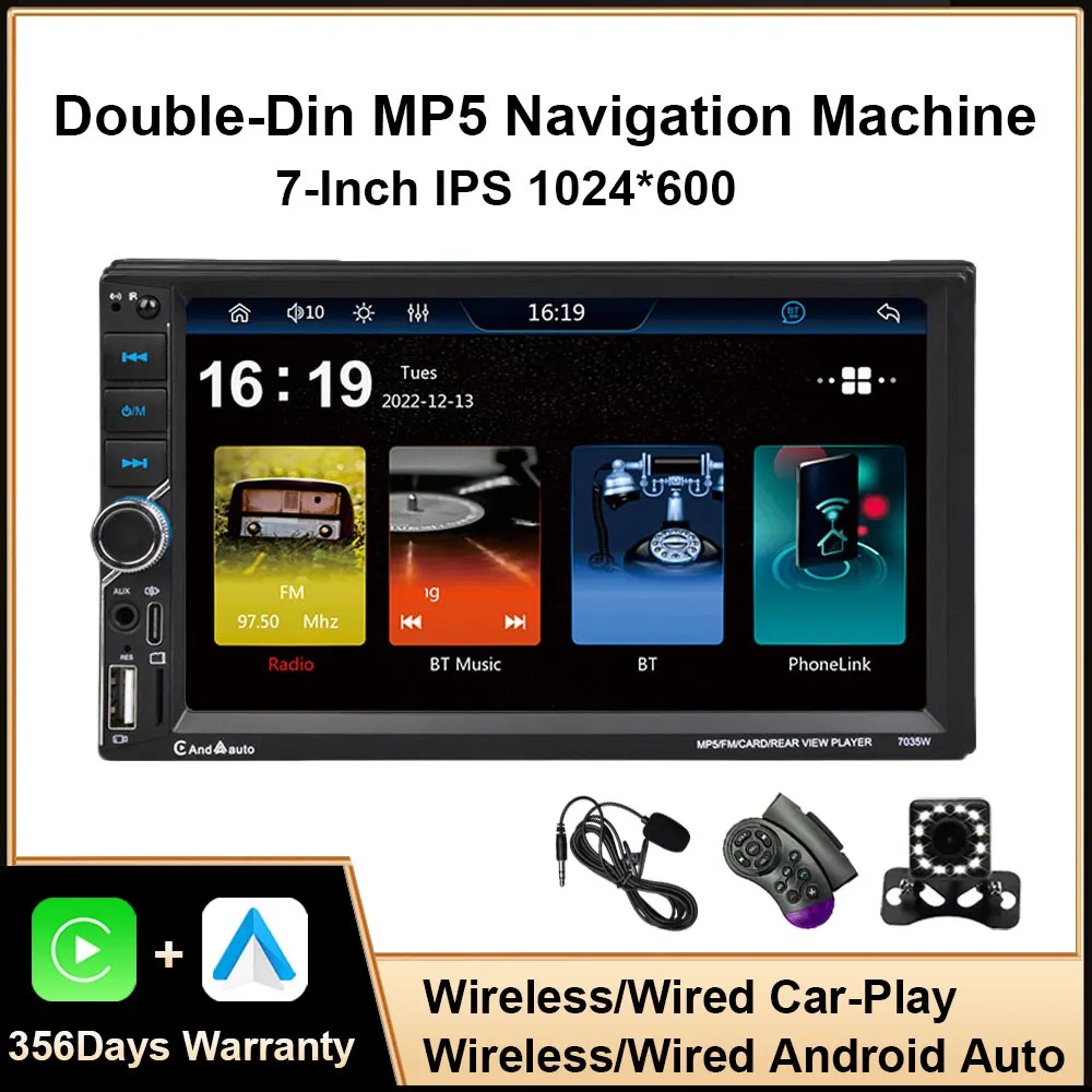 7Inch Double DIN Car Stereo Radio Multimedia Video Player with Wireless Carplay Android Auto AUX FM BT USB TF Support