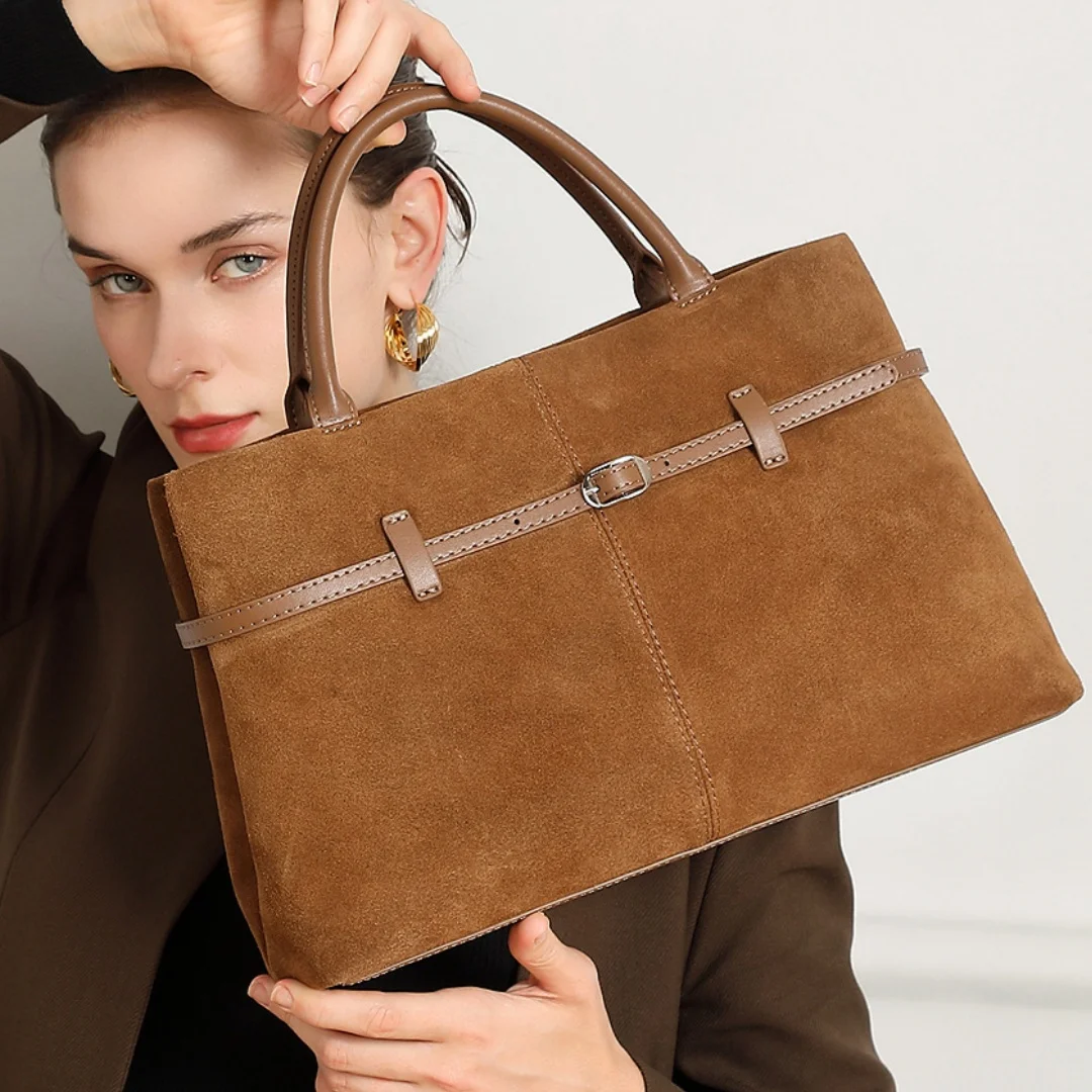 Soft Genuine Suede Leather Top Handle Handbags For Women Vintage Large Capacity Shoulder Bag Office Work Commuter Purse