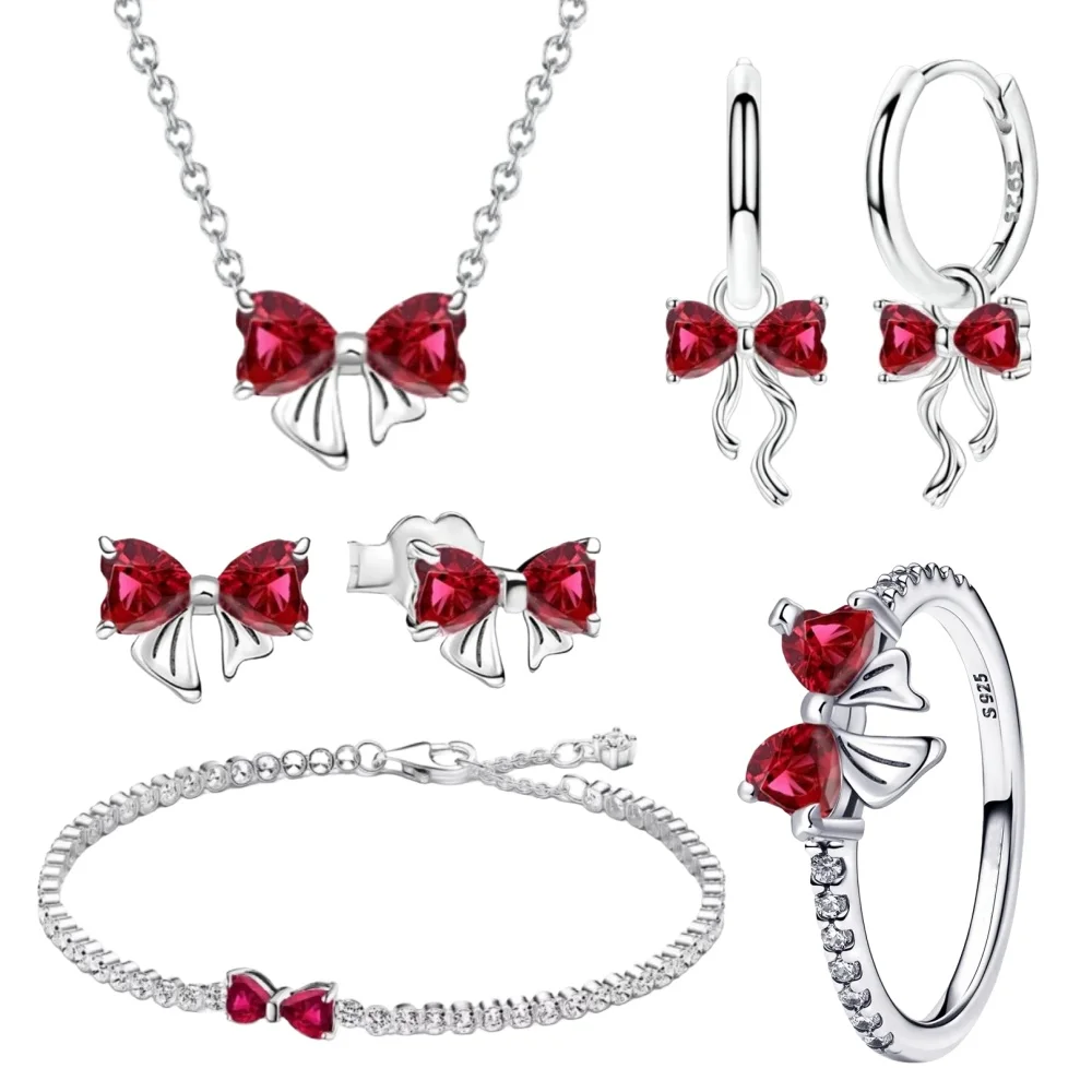 

2025 Valentine's Day 925 Sterling Silver Red Bow Ring Necklace Earring Bracelet Exquisite Jewelry for Women Christmas Gifts