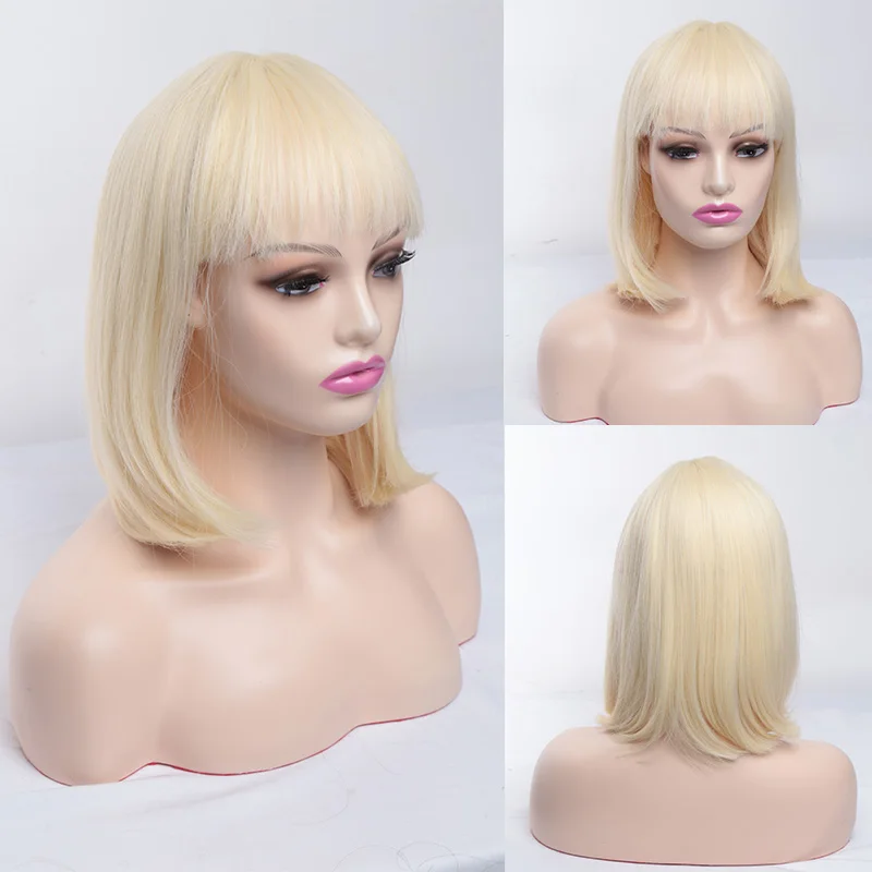 Synthetic Blonde Short Bob Wigs with Bangs for Women Orange Hair Straight Women\'s Wig Looks Natural and Sexy 613