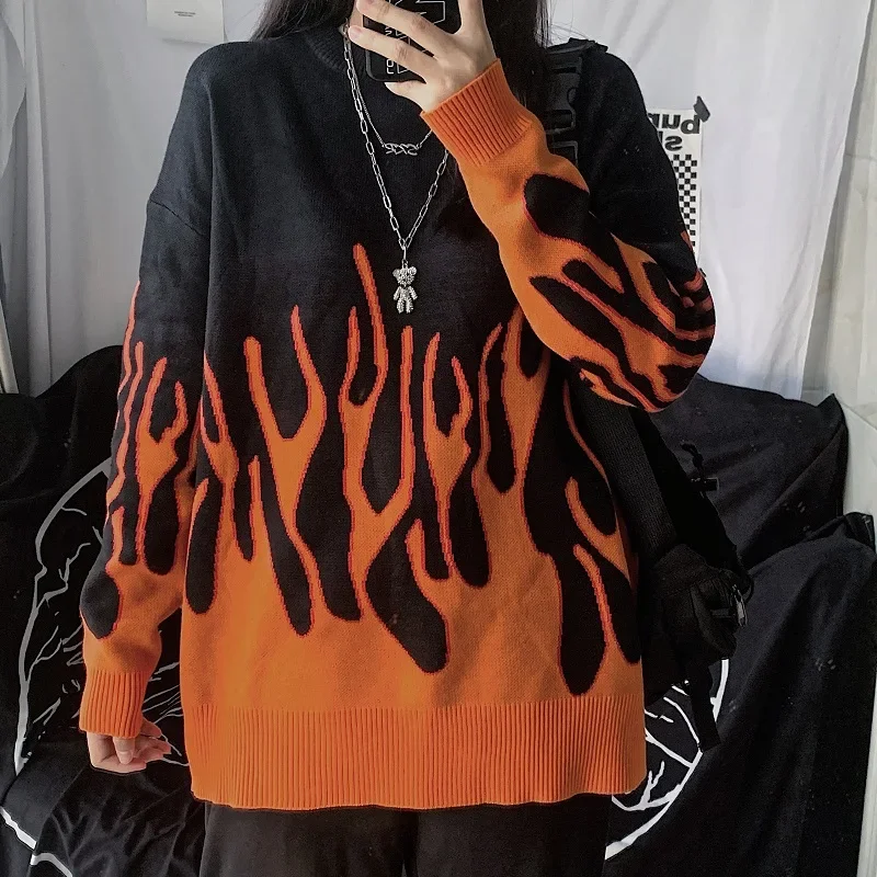 Halloween Pullovers Women Men Autumn Winter Sweaters Loose Flame Pattern Aesthetic Grunge Harajuku Pullovers