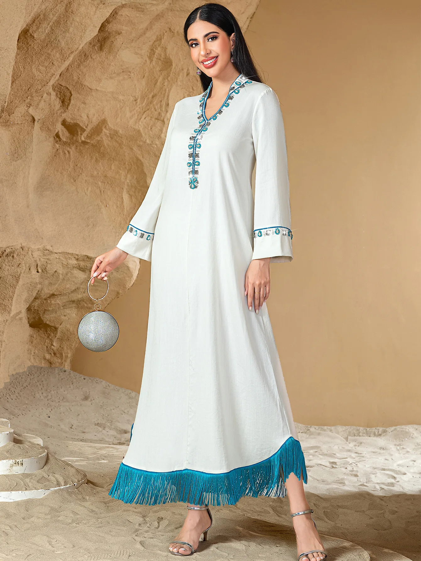 Eid 이슬람 여성 드레스 Abaya 파티 긴 소매 다이아몬드 Jalabiya 라마단 긴 드레스 Vestidos Largos Kaftan 아랍 긴 가운