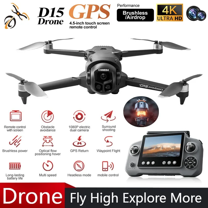 D15 Drone 4K HD Triple Camera FPV Brushless Motor WiFi FPV Aerial 360° Obstacle Avoidance RC Quadcopter Professional Airdrop Toy