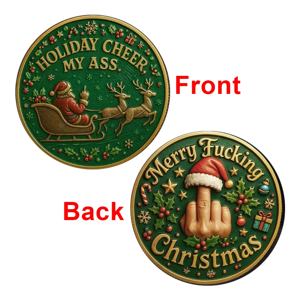 1pc Funny Sarcastic Christmas Challenge Coin Anti-Holiday Humor Naughty Santa Commemorative Token Novelty Xmas Gag Gifts