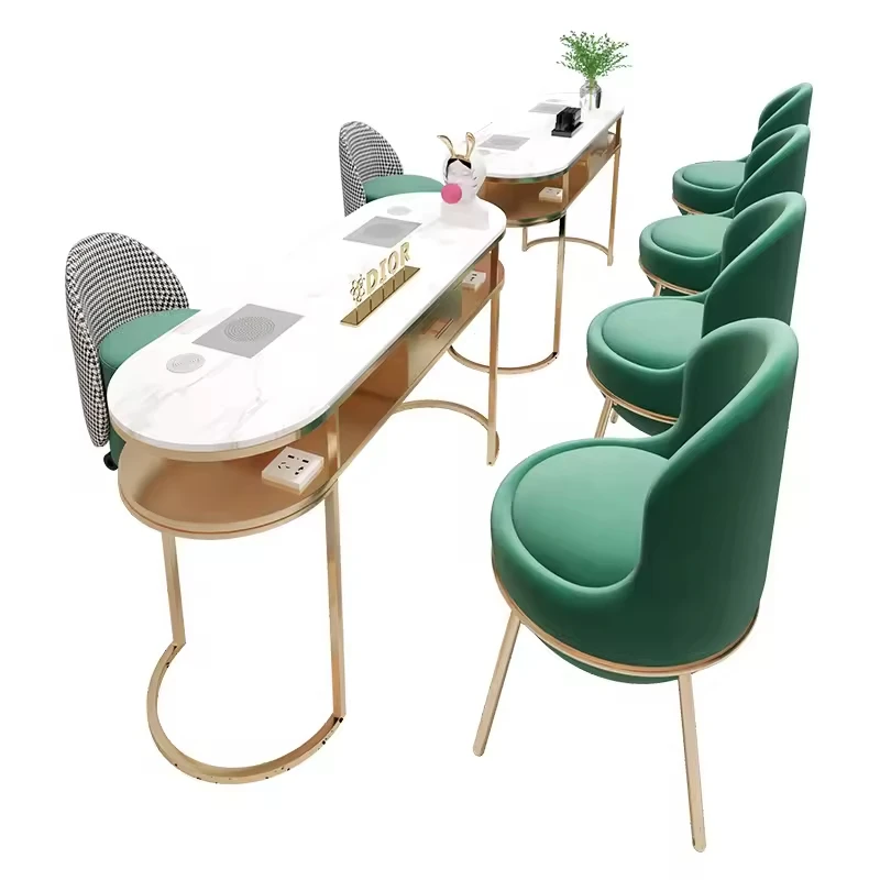 xx-Stylish Manicure Station with Green Upholstered Chairs Gold Accents Modern Look Ideal for Nail Studio Business^