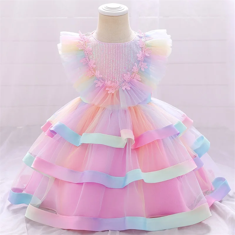 Pink Tutu Vestidos 1 Year Newborn Christening Mermaid Princess Birthday Party Children Baptism Baby Girl Clothes Summer Dresses