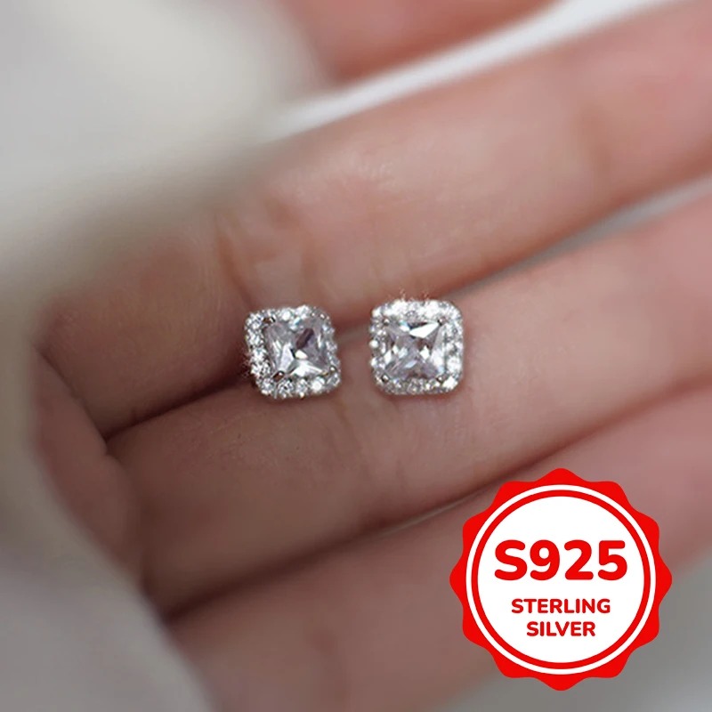 

s925 sterling silver earrings for women with diamonds square geometric light luxury exquisite elegant classic fashion versatile
