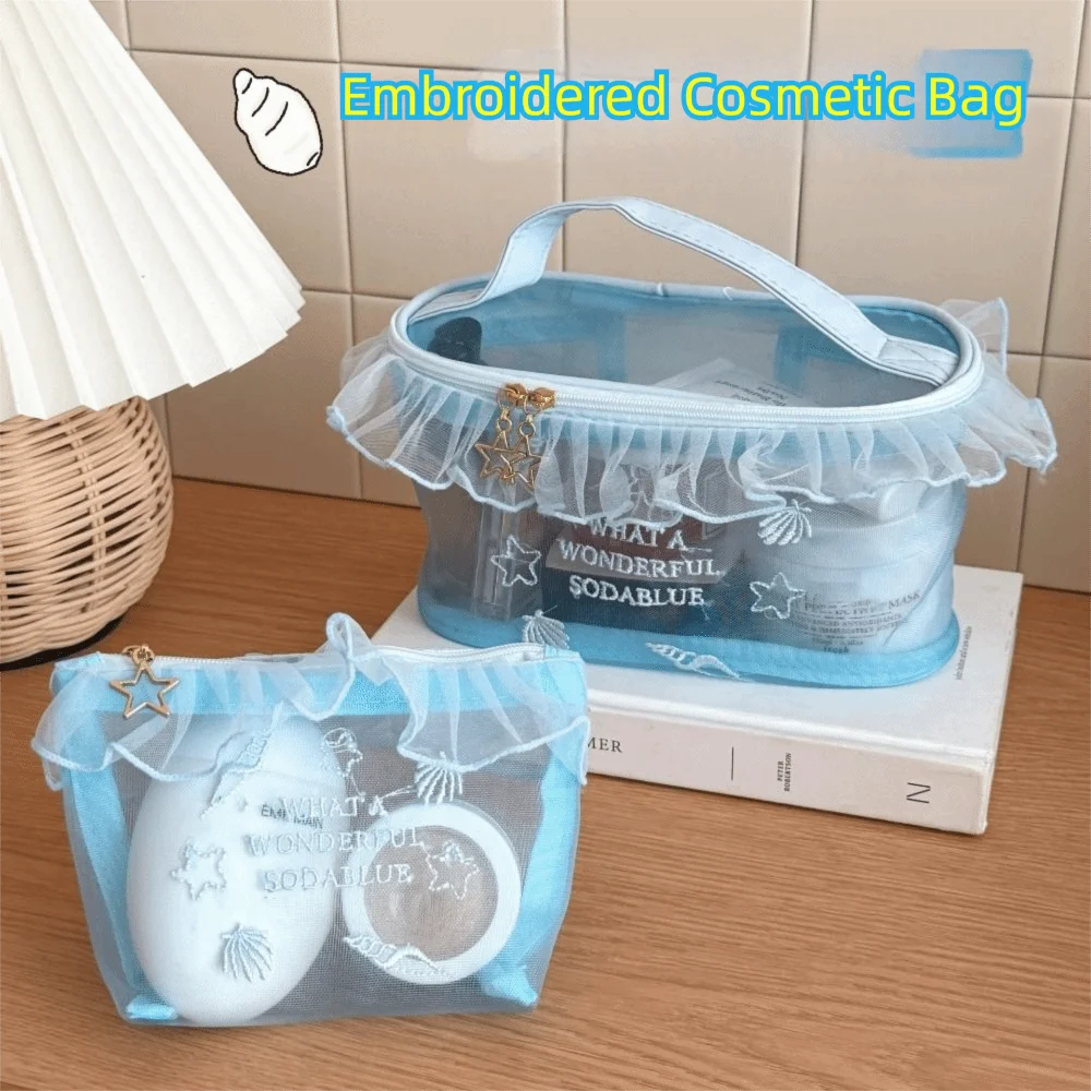 Oxford Cloth Blue Mesh Embroidered Makeup Bag Embroidery Ruffle Edge Toiletry Organizer Bag Gauze Large Capacity Toiletry Bag