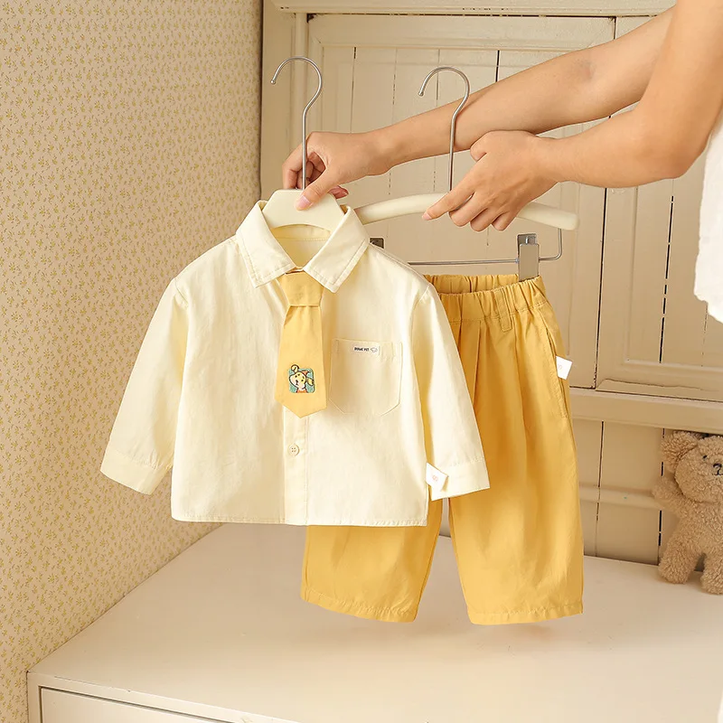 Baby Boys Suit Set Shirt Tie Pants Three Piece Outfit School Style Formal Wear for Newborn Infant 1st Birthday Photo Shoot Gift