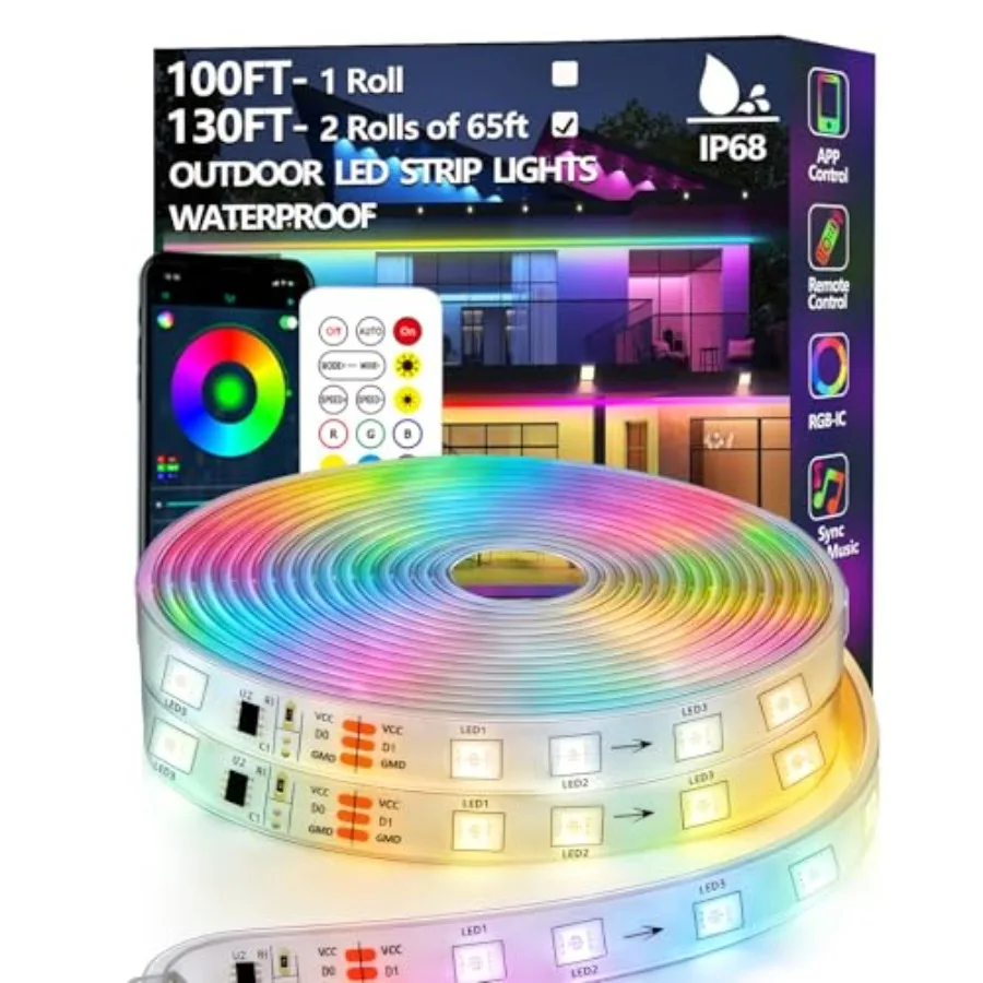 

130Feet 2 Rolls 65FT Outdoor LED Strip Light Waterproof, IP68 Outside RGB+IC Light Strip with App/Remote Control, Chase Mode, M