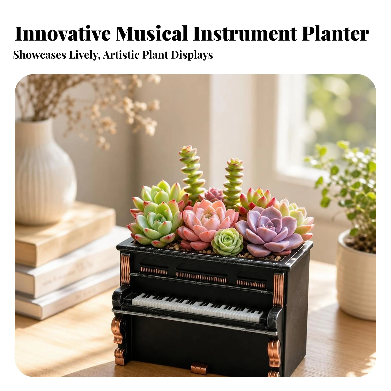 Upright Piano Planter Black Tabletop Piano Planter Plant Container Gold Trim Flowerpot Matte