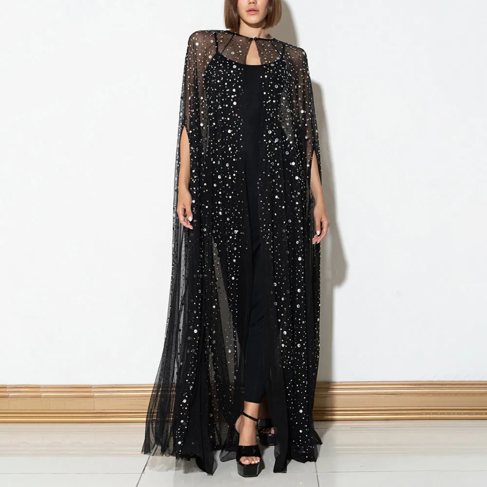 VGH Casual Spliced Sequins Long Dress For Women Round Neck Cloak Sleeves High Waist Patchwork Mesh Loose Dresses Female Fashion