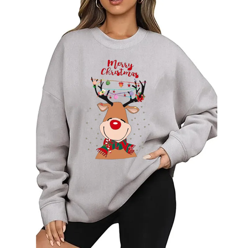 

Women Christmas Sweatshirt Loose Reindeer Letter Print Crew Neck Long Sleeve Casual Pullover Tops Fall Winter Hoodies Streetwear