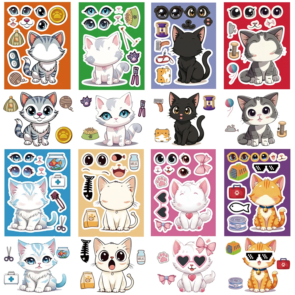 8/16Sheets Cute Cats Make A Face Puzzle Stickers Kids Make Your Own DIY Game Children Cartoon Jigsaw Education Toys Gift