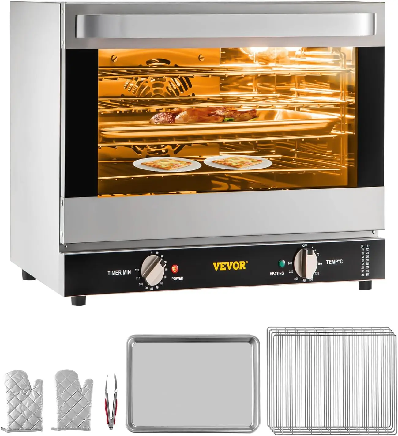 Commercial Convection Oven, 66L/60Qt, Half-Size Conventional Oven Countertop, 1800W 4-Tier Toaster w/Front Glass Door, w/Trays W