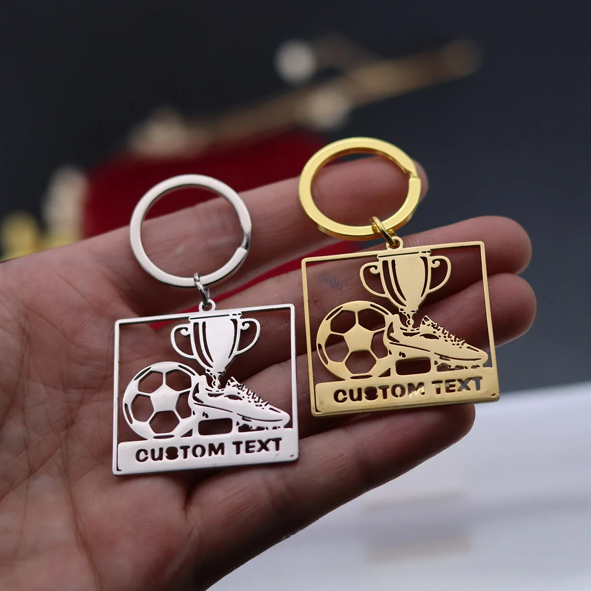 

QIAMNI Custom Name Trophy Keyring Stainless Steel Ball Shoes Key Chain Football Sports Keychain for Women Men Birthday Gift